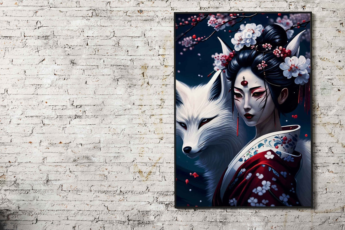 Geisha Fox Cherry Japan Asian Style Poster | Wall Art for Home & Office | High-Quality Print - High-Quality Visual Display