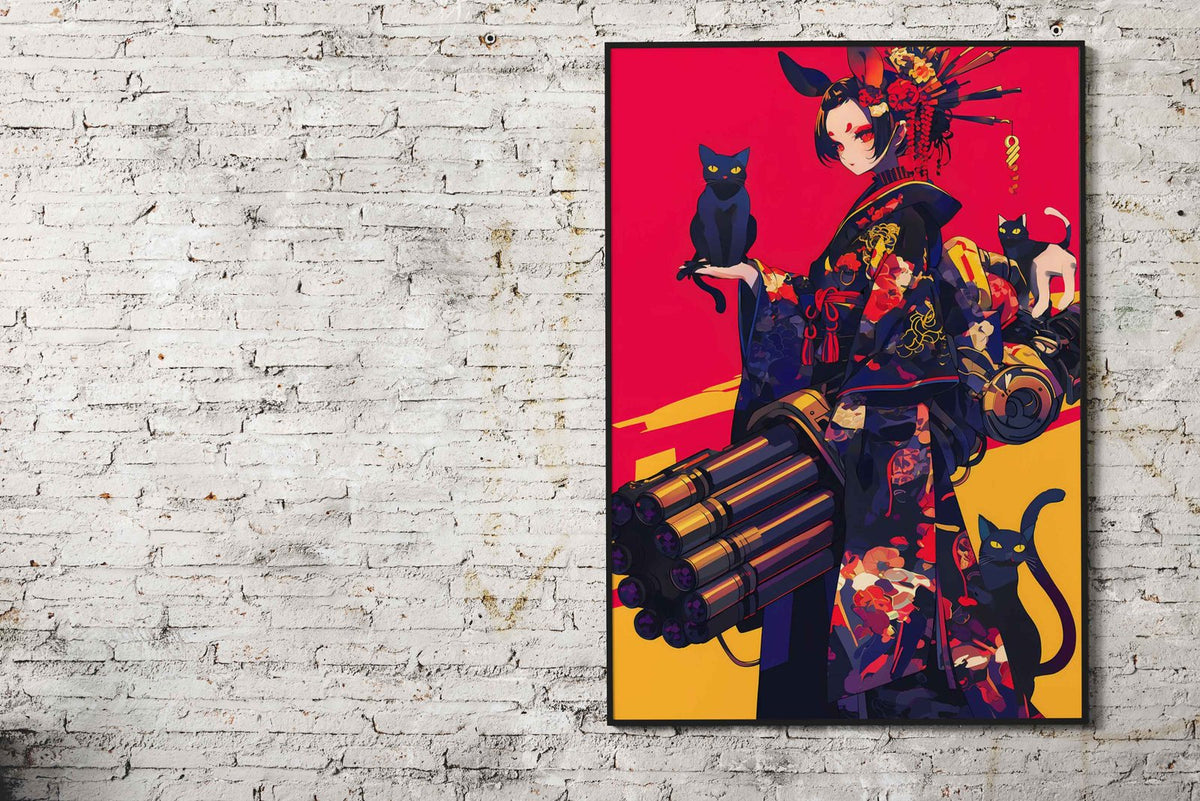 Geisha Gunners Black Cat Asian Style Poster | Wall Art for Home & Office | High-Quality Print - High-Quality Visual Display
