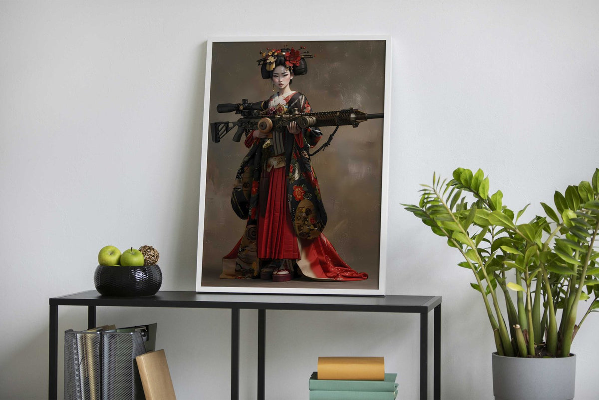 Geisha Holding Giant Gun Asian Style Poster | Wall Art for Home & Office | High-Quality Print - High-Quality Visual Display