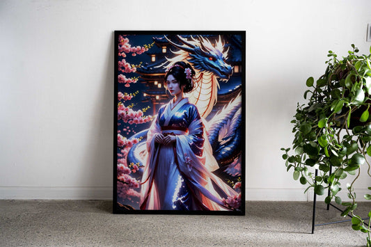 Geisha Japan Dragon Cherry Asian Style Poster | Wall Art for Home & Office | High-Quality Print - High-Quality Visual Display