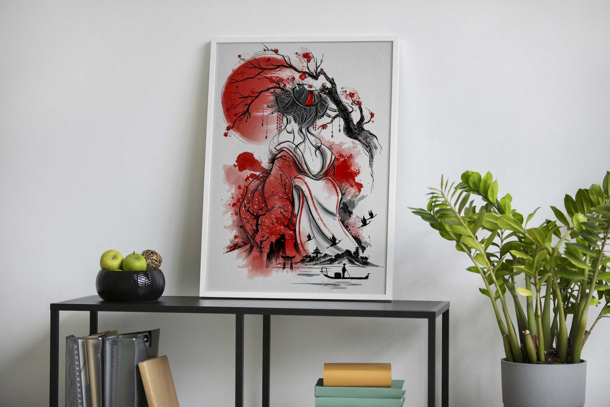 Geisha Moon Red Japanese Asian Style Poster | Wall Art for Home & Office | High-Quality Print - High-Quality Visual Display