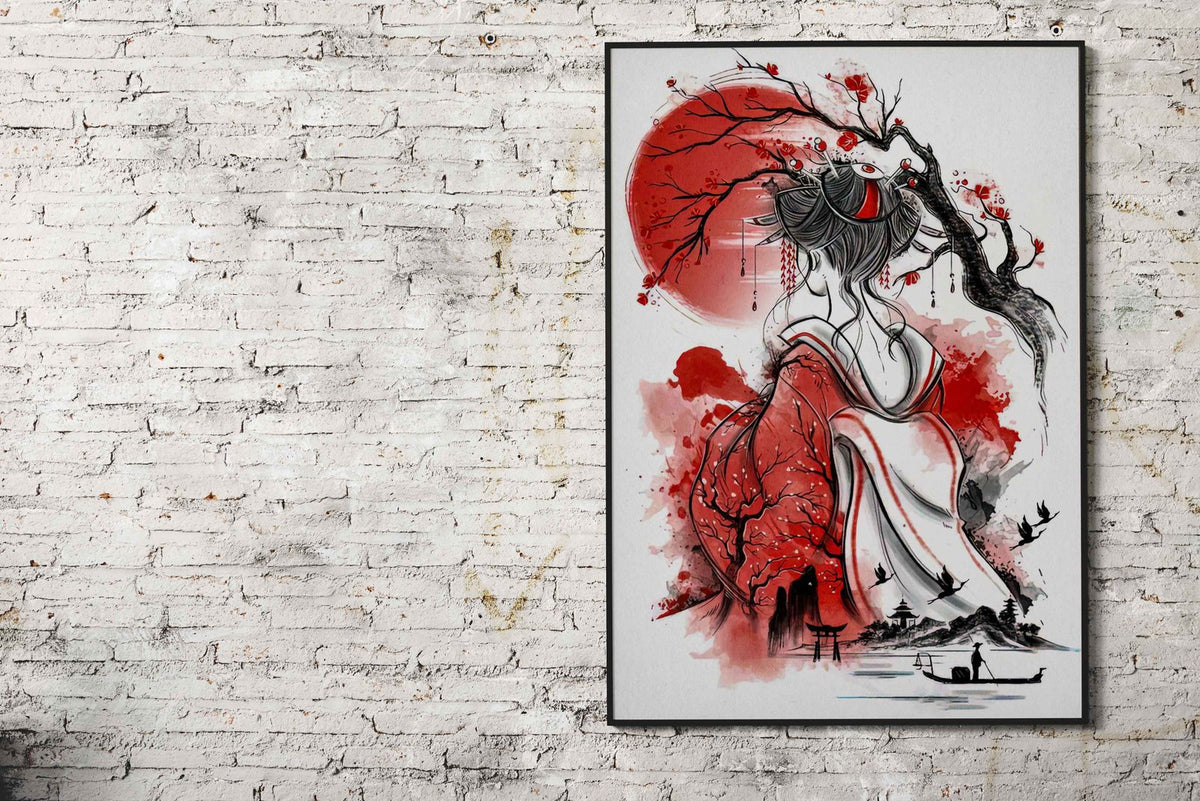 Geisha Moon Red Japanese Asian Style Poster | Wall Art for Home & Office | High-Quality Print - High-Quality Visual Display