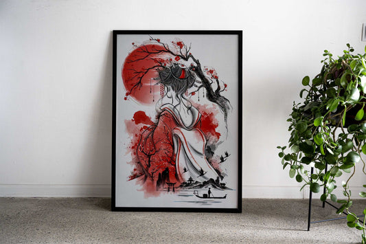 Geisha Moon Red Japanese Asian Style Poster | Wall Art for Home & Office | High-Quality Print - High-Quality Visual Display