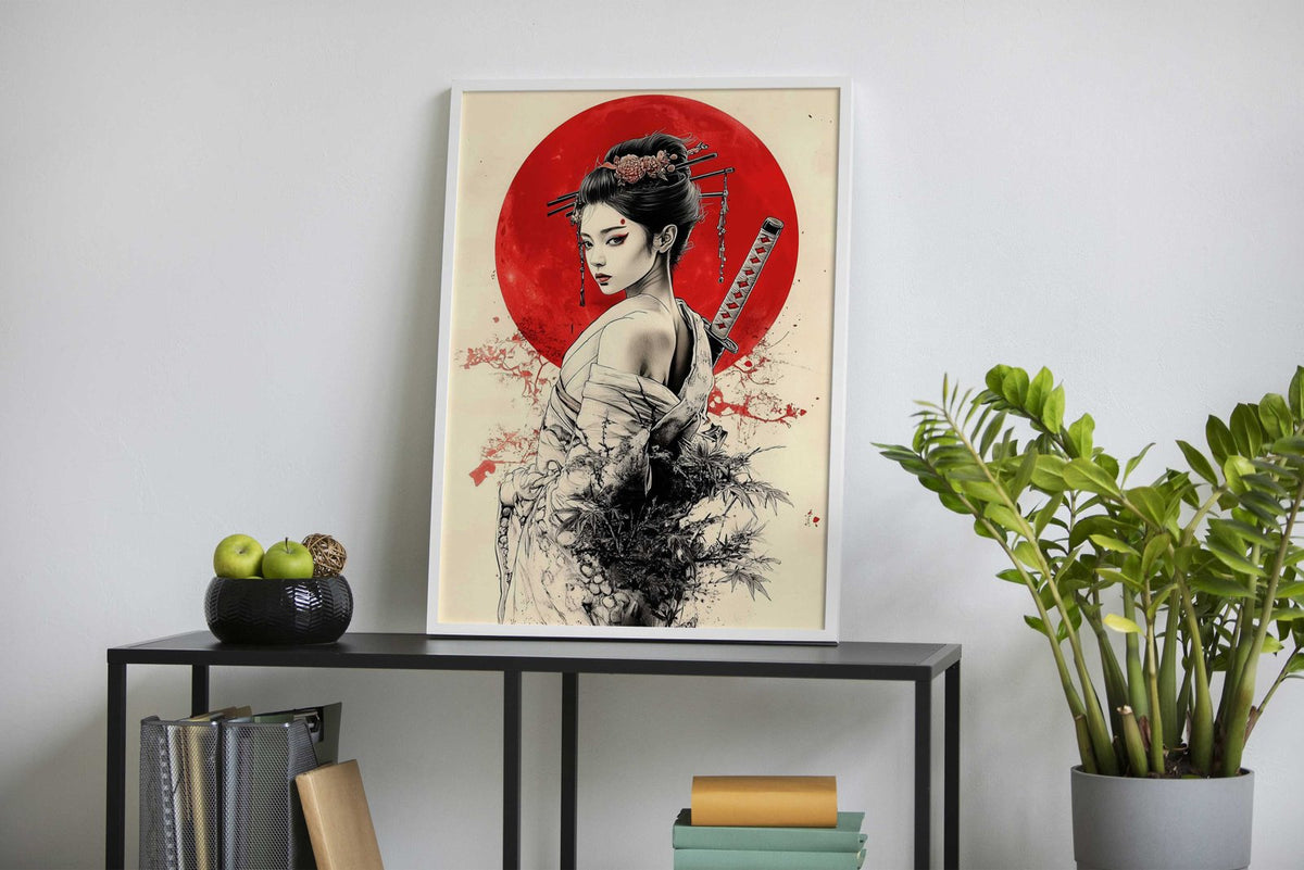 Geisha Red Moon Samurai Asian Style Poster | Wall Art for Home & Office | High-Quality Print - High-Quality Visual Display