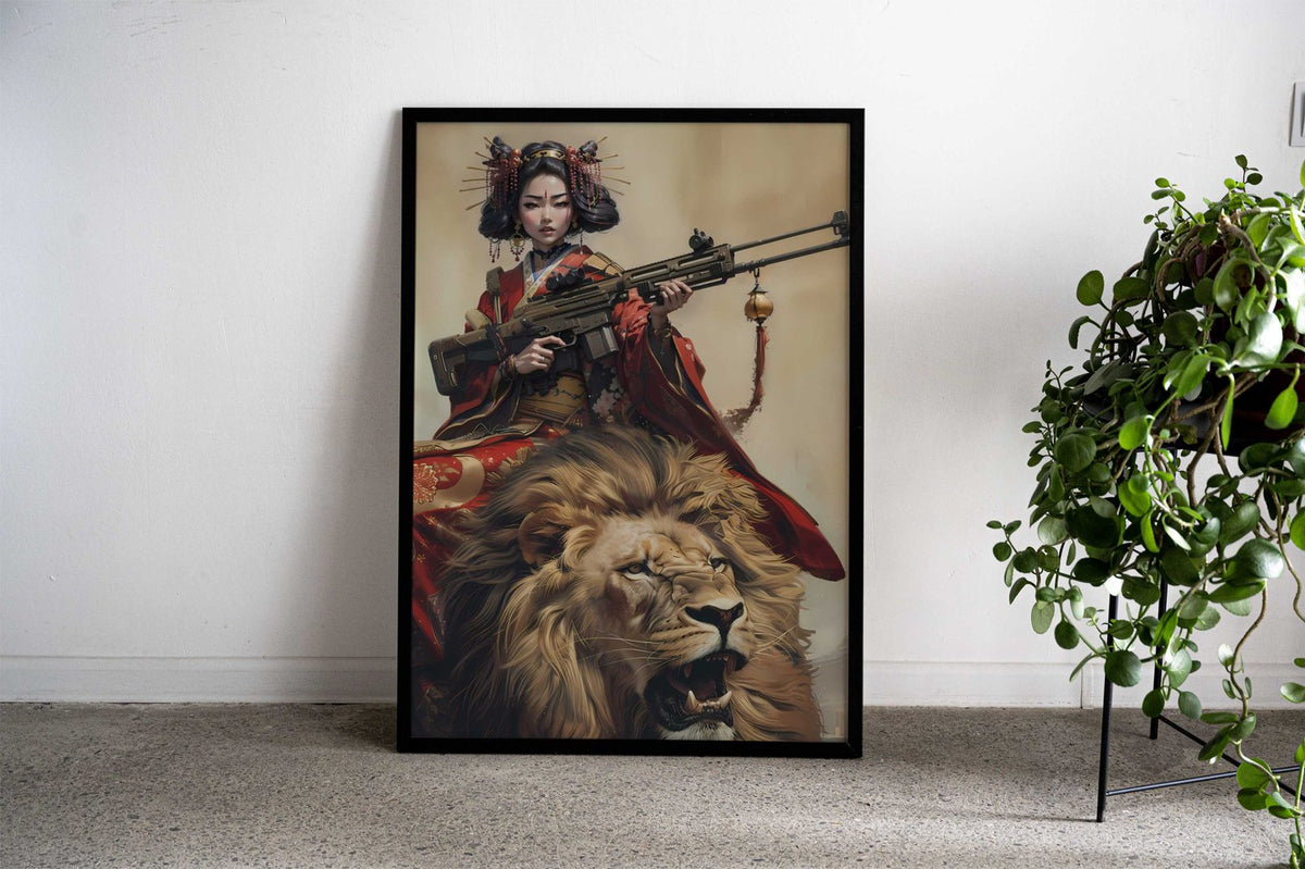 Geisha Riding Lion Asian Style Poster | Wall Art for Home & Office | High-Quality Print - High-Quality Visual Display