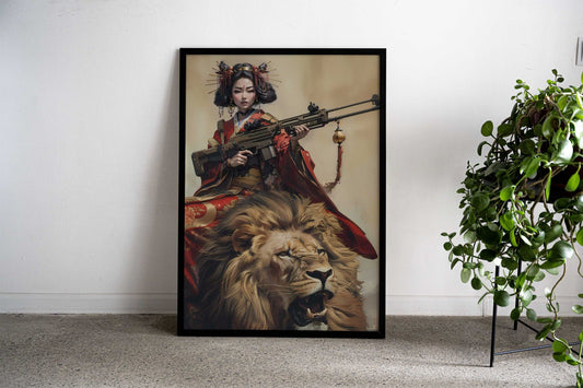 Geisha Riding Lion Asian Style Poster | Wall Art for Home & Office | High-Quality Print - High-Quality Visual Display