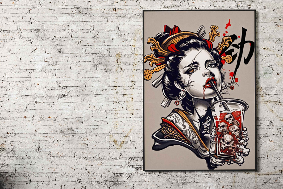 Geisha Skull Drink Asian Style Poster | Wall Art for Home & Office | High-Quality Print - High-Quality Visual Display