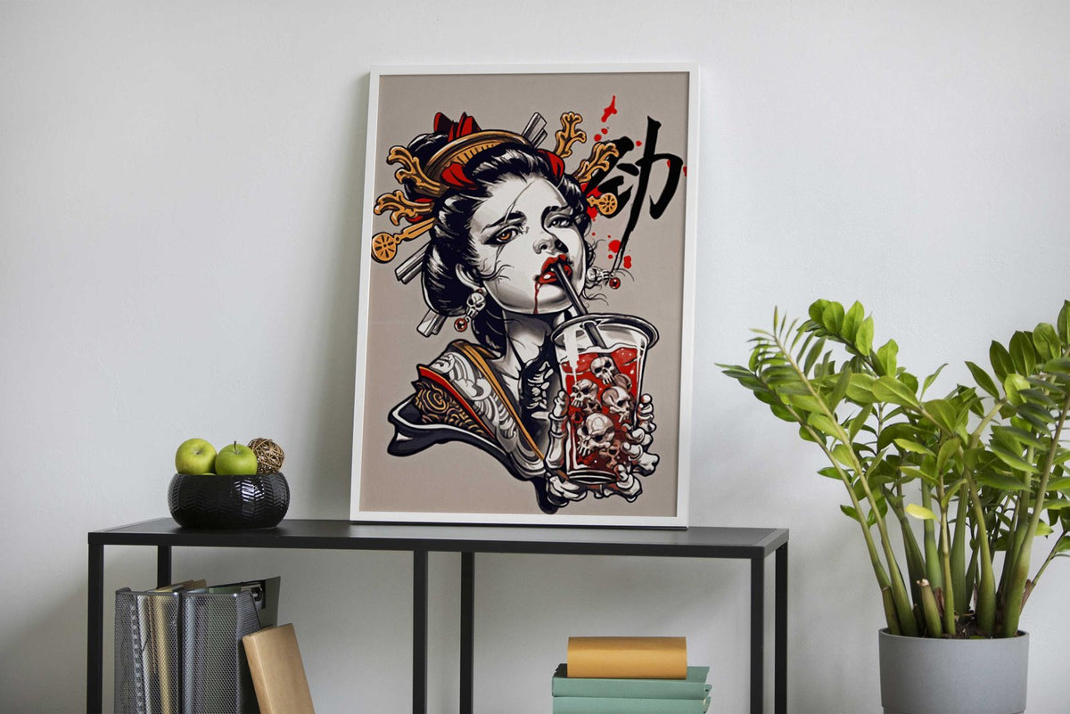 Geisha Skull Drink Asian Style Poster | Wall Art for Home & Office | High-Quality Print - High-Quality Visual Display