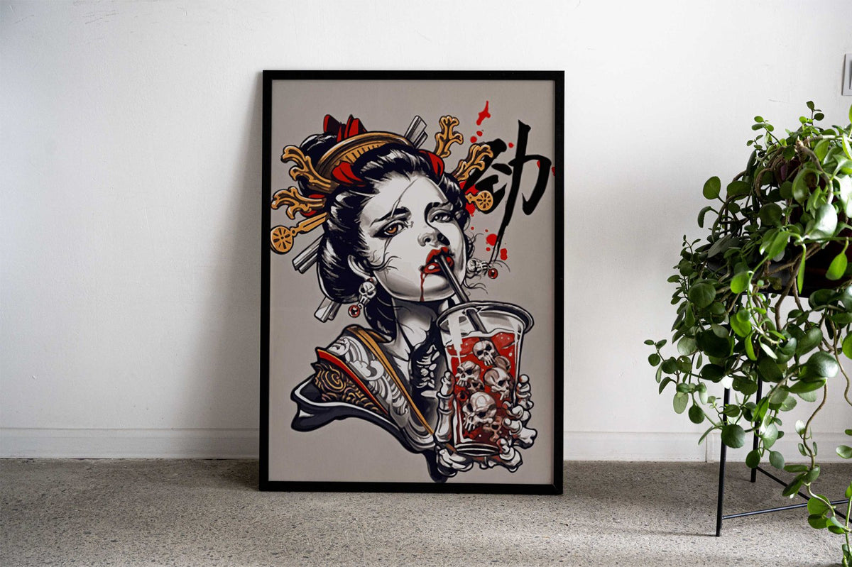 Geisha Skull Drink Asian Style Poster | Wall Art for Home & Office | High-Quality Print - High-Quality Visual Display