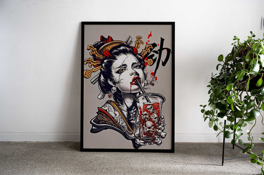 Geisha Skull Drink Asian Style Poster | Wall Art for Home & Office | High-Quality Print - High-Quality Visual Display
