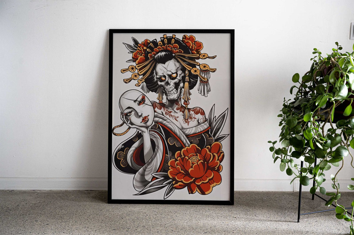 Geisha Skull Tattoo Asian Style Poster | Wall Art for Home & Office | High-Quality Print - High-Quality Visual Display