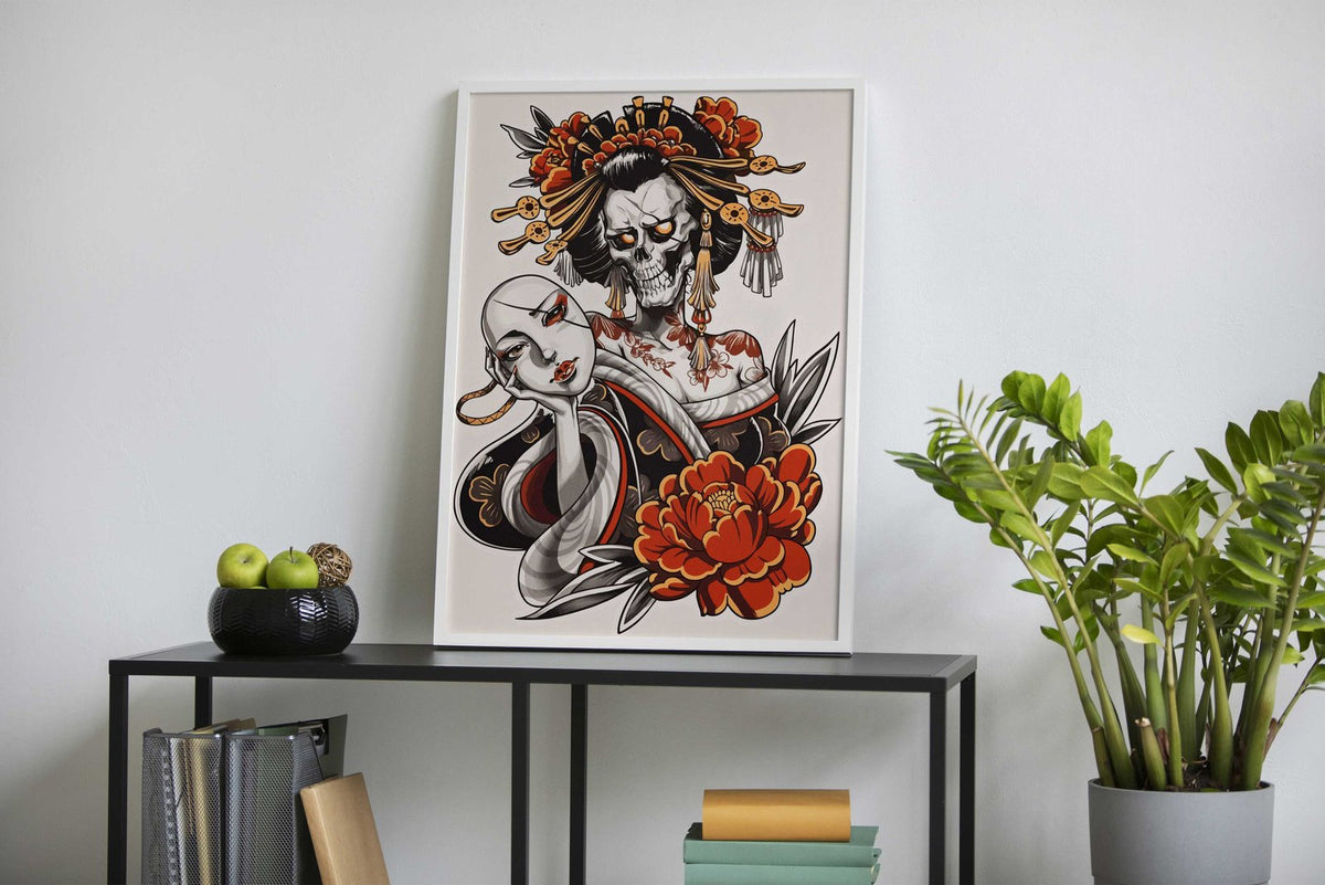 Geisha Skull Tattoo Asian Style Poster | Wall Art for Home & Office | High-Quality Print - High-Quality Visual Display