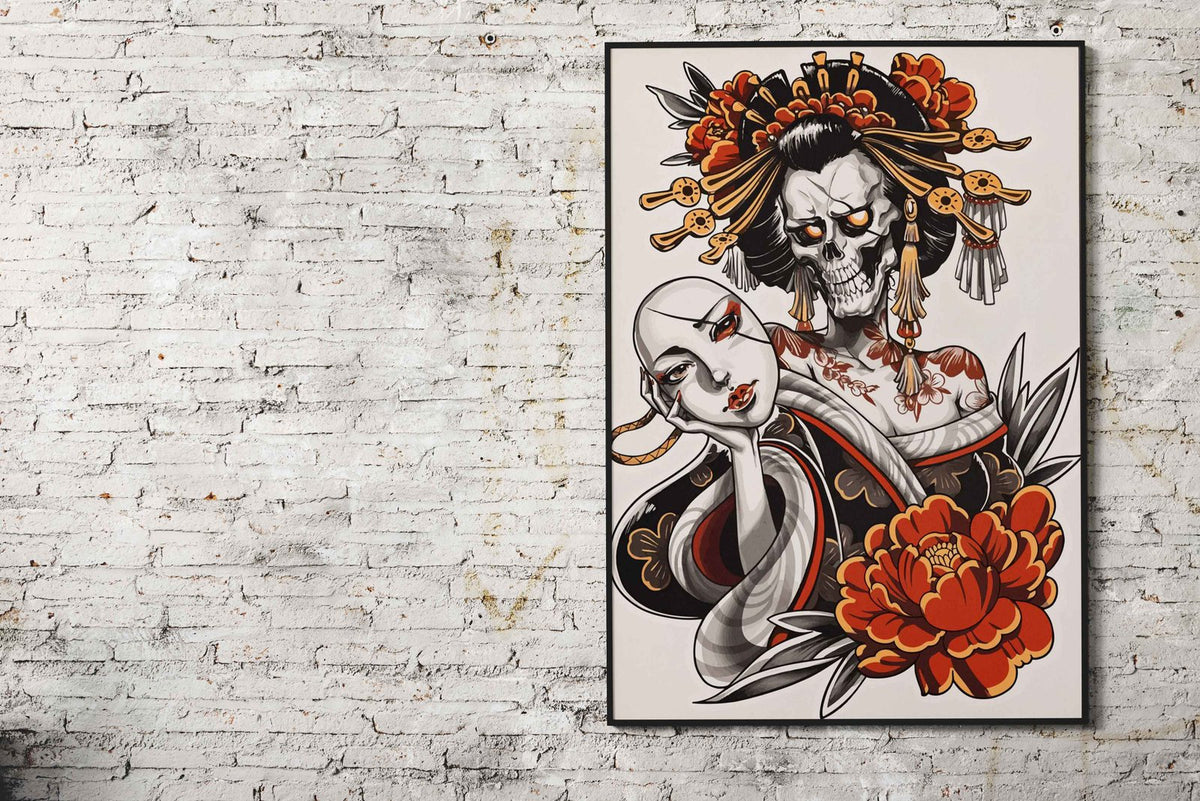 Geisha Skull Tattoo Asian Style Poster | Wall Art for Home & Office | High-Quality Print - High-Quality Visual Display