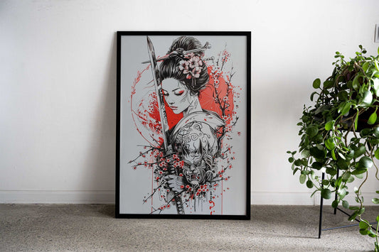 Geisha Warrior with Katana Asian Style Poster | Wall Art for Home & Office | High-Quality Print - High-Quality Visual Display