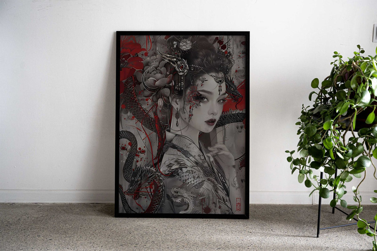 Geisha and Dragon Art Asian Style Poster | Wall Art for Home & Office | High-Quality Print - High-Quality Visual Display