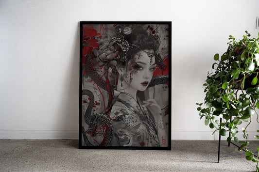 Geisha and Dragon Art Asian Style Poster | Wall Art for Home & Office | High-Quality Print - High-Quality Visual Display