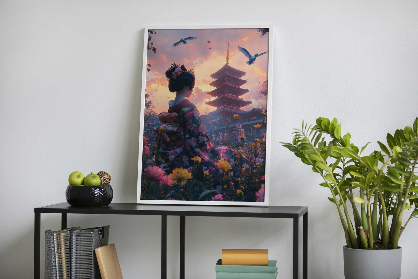 Geisha at Sunset Temple Asian Style Poster | Wall Art for Home & Office | High-Quality Print