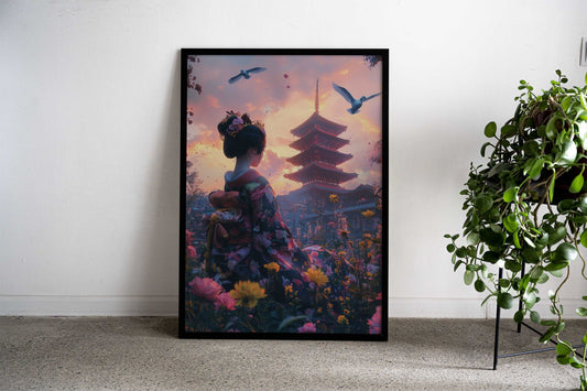 Geisha at Sunset Temple Asian Style Poster | Wall Art for Home & Office | High-Quality Print - High-Quality Visual Display
