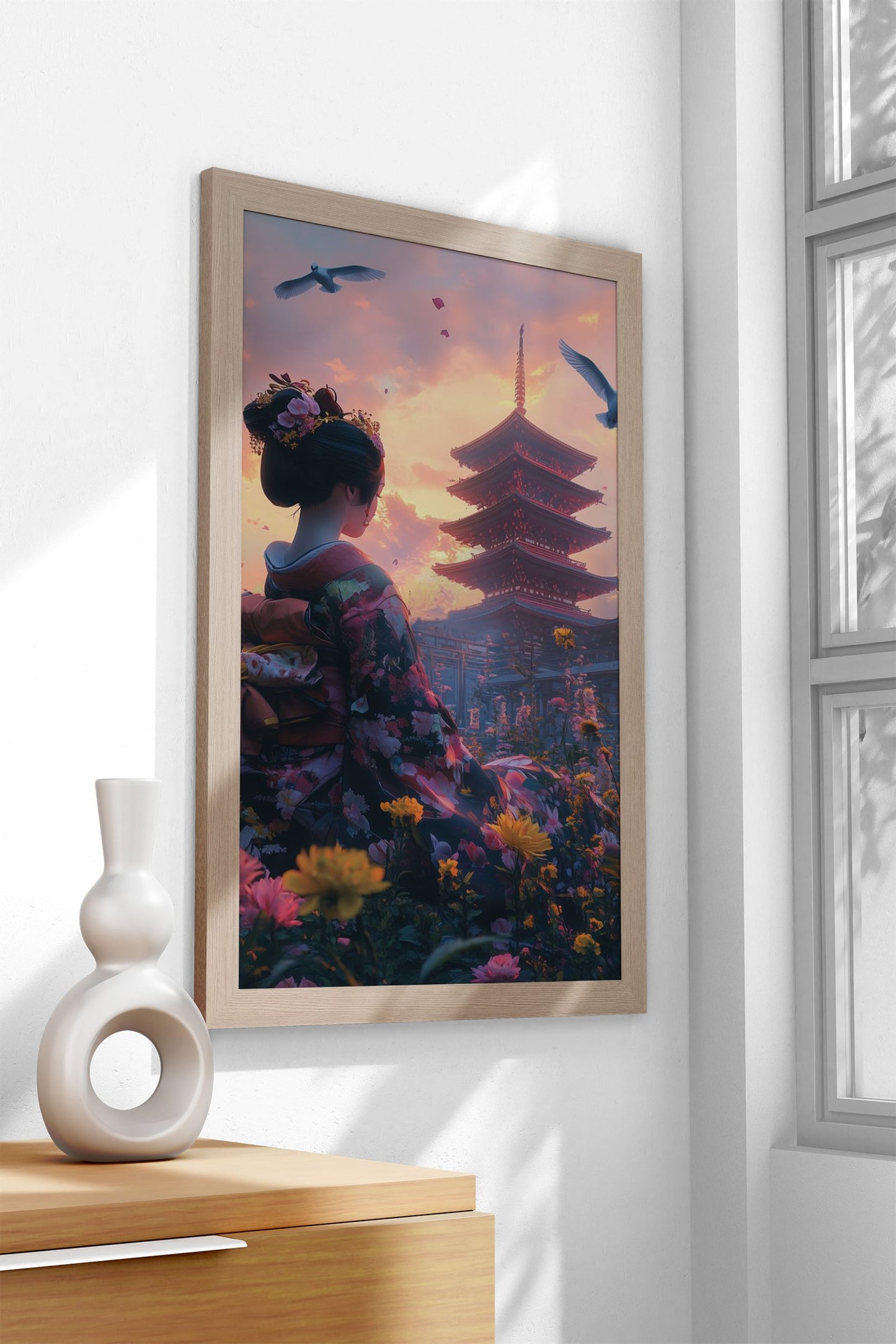 Geisha at Sunset Temple Asian Style Poster | Wall Art for Home & Office | High-Quality Print