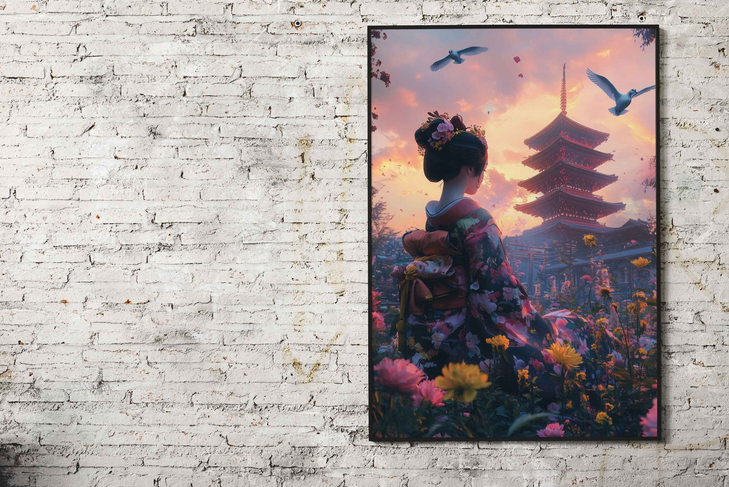Geisha at Sunset Temple Asian Style Poster | Wall Art for Home & Office | High-Quality Print