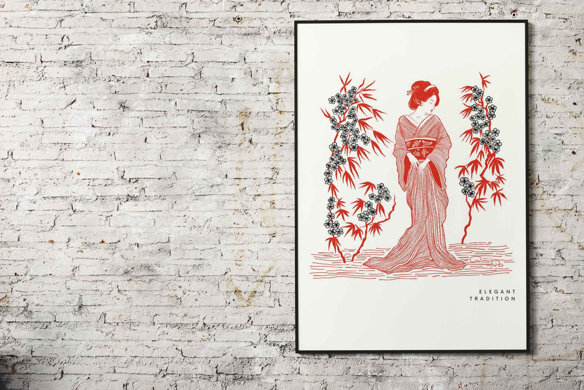 Geisha in Red Kimono Asian Style Poster | Wall Art for Home & Office | High-Quality Print - High-Quality Visual Display