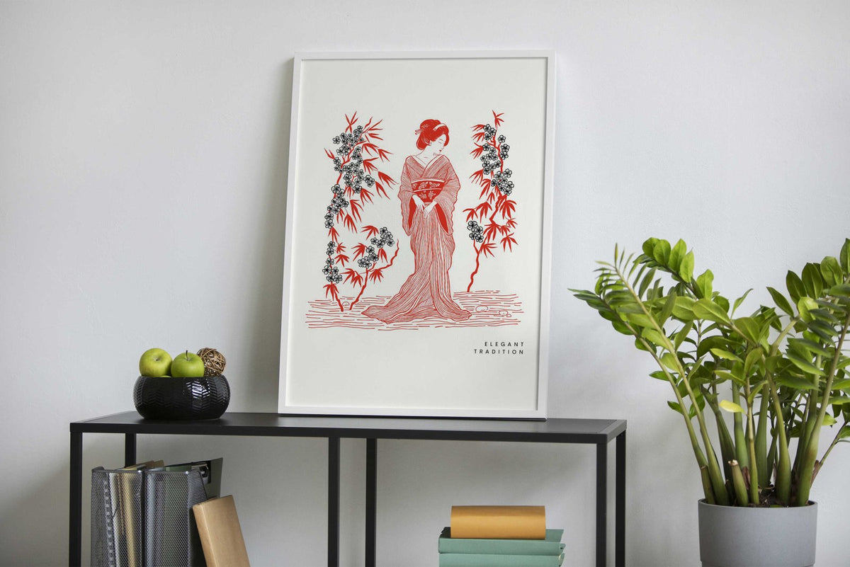 Geisha in Red Kimono Asian Style Poster | Wall Art for Home & Office | High-Quality Print - High-Quality Visual Display