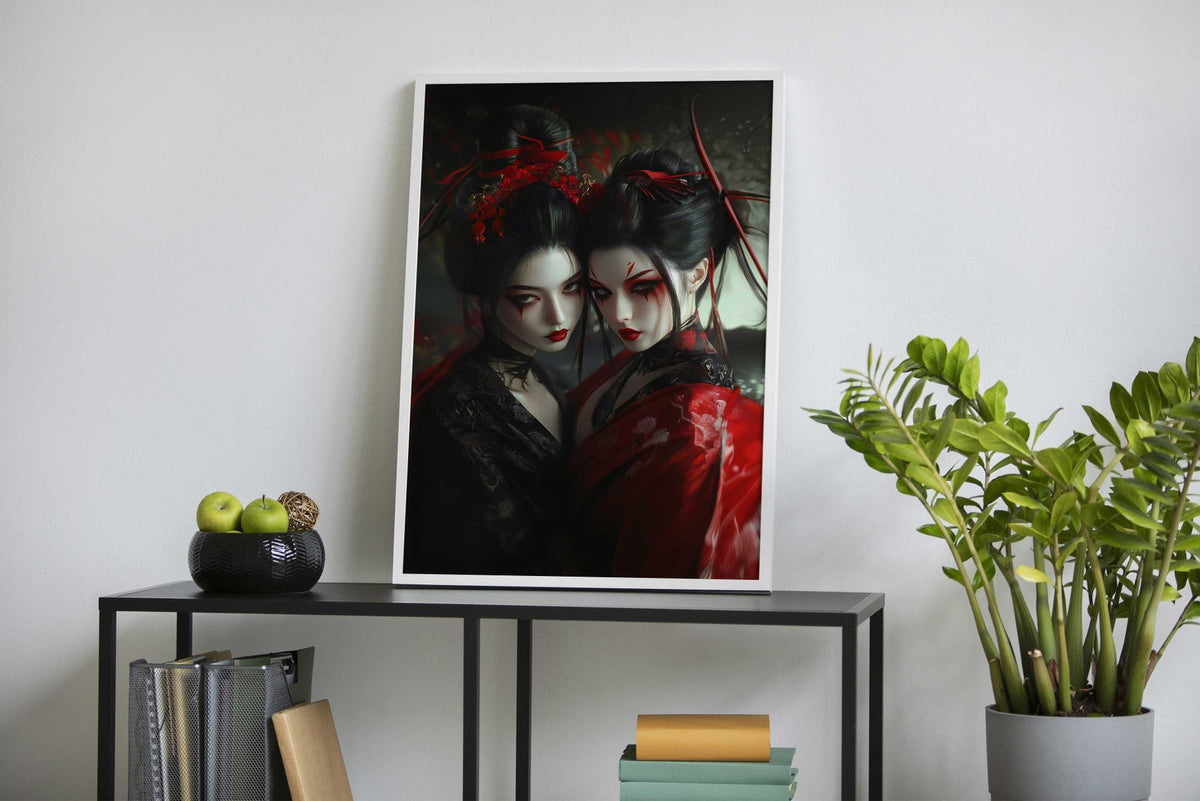 Geisha in Red and Black Japanese Cherry Blossom Asian Style Poster | Wall Art for Home & Office | High-Quality Print - High-Quality Visual Display