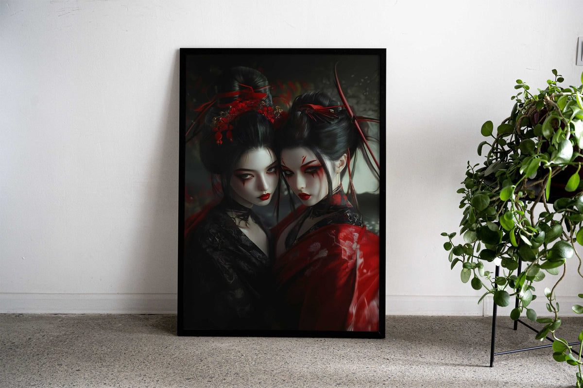 Geisha in Red and Black Japanese Cherry Blossom Asian Style Poster | Wall Art for Home & Office | High-Quality Print - High-Quality Visual Display