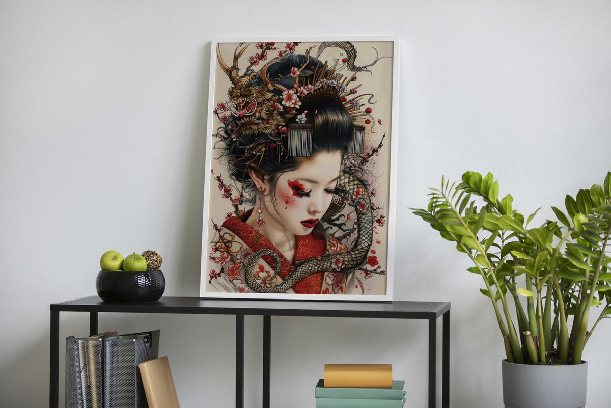 Geisha with Dragon and Cherry Blossoms Asian Style Poster | Wall Art for Home & Office | High-Quality Print - High-Quality Visual Display