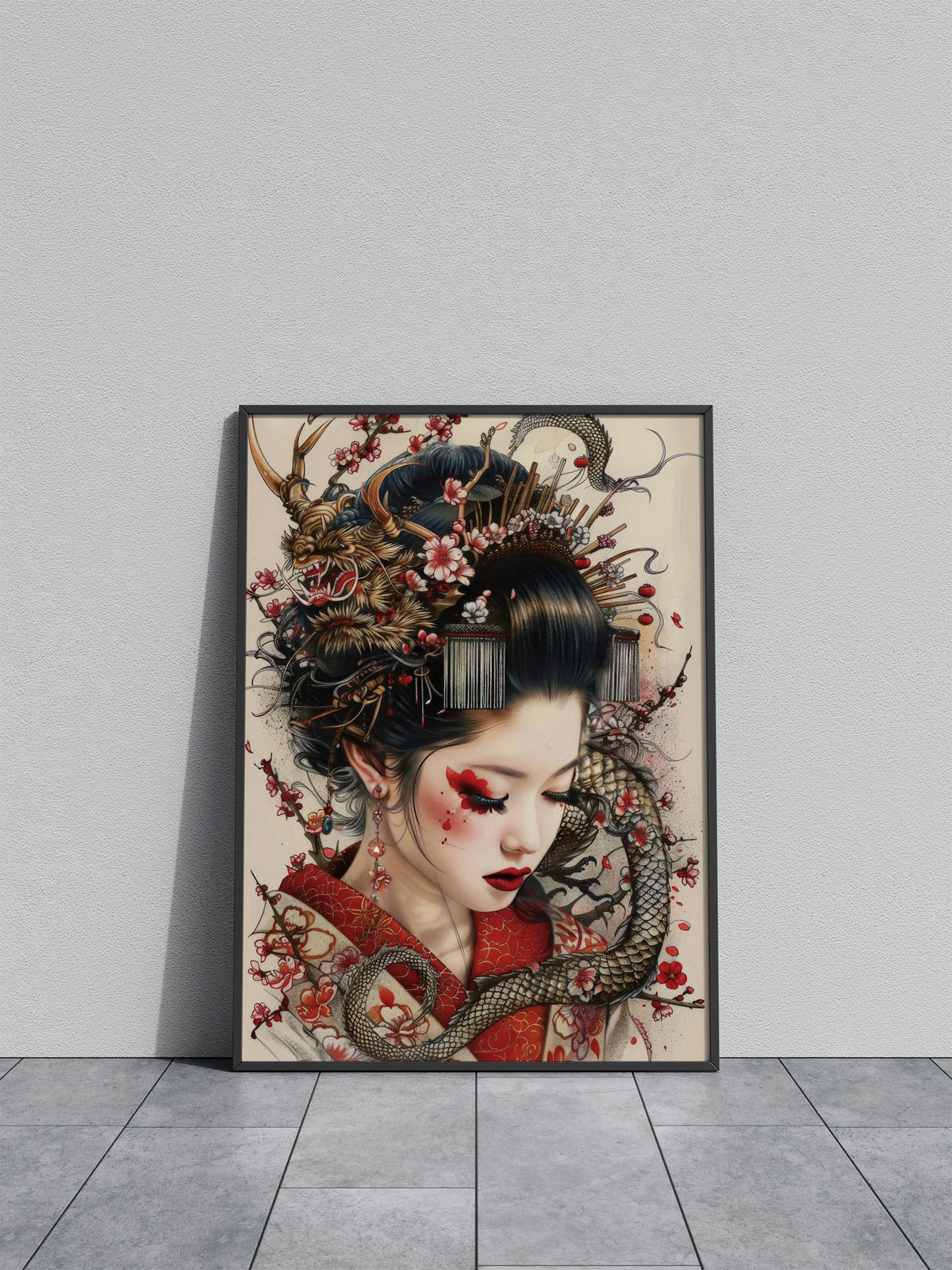 Geisha with Dragon and Cherry Blossoms Asian Style Poster | Wall Art for Home & Office | High-Quality Print - High-Quality Visual Display