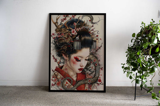 Geisha with Dragon and Cherry Blossoms Asian Style Poster | Wall Art for Home & Office | High-Quality Print - High-Quality Visual Display