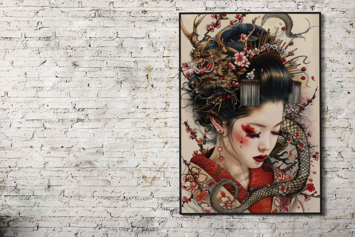Geisha with Dragon and Cherry Blossoms Asian Style Poster | Wall Art for Home & Office | High-Quality Print - High-Quality Visual Display