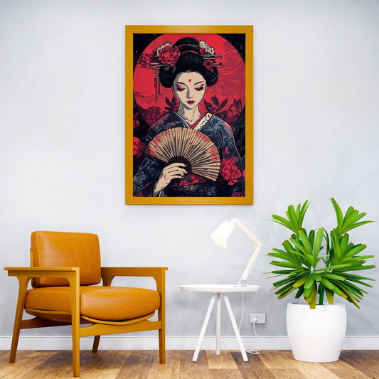 Geisha with Fan and Red Moon Asian Style Poster | Wall Art for Home & Office | High-Quality Print - High-Quality Visual Display