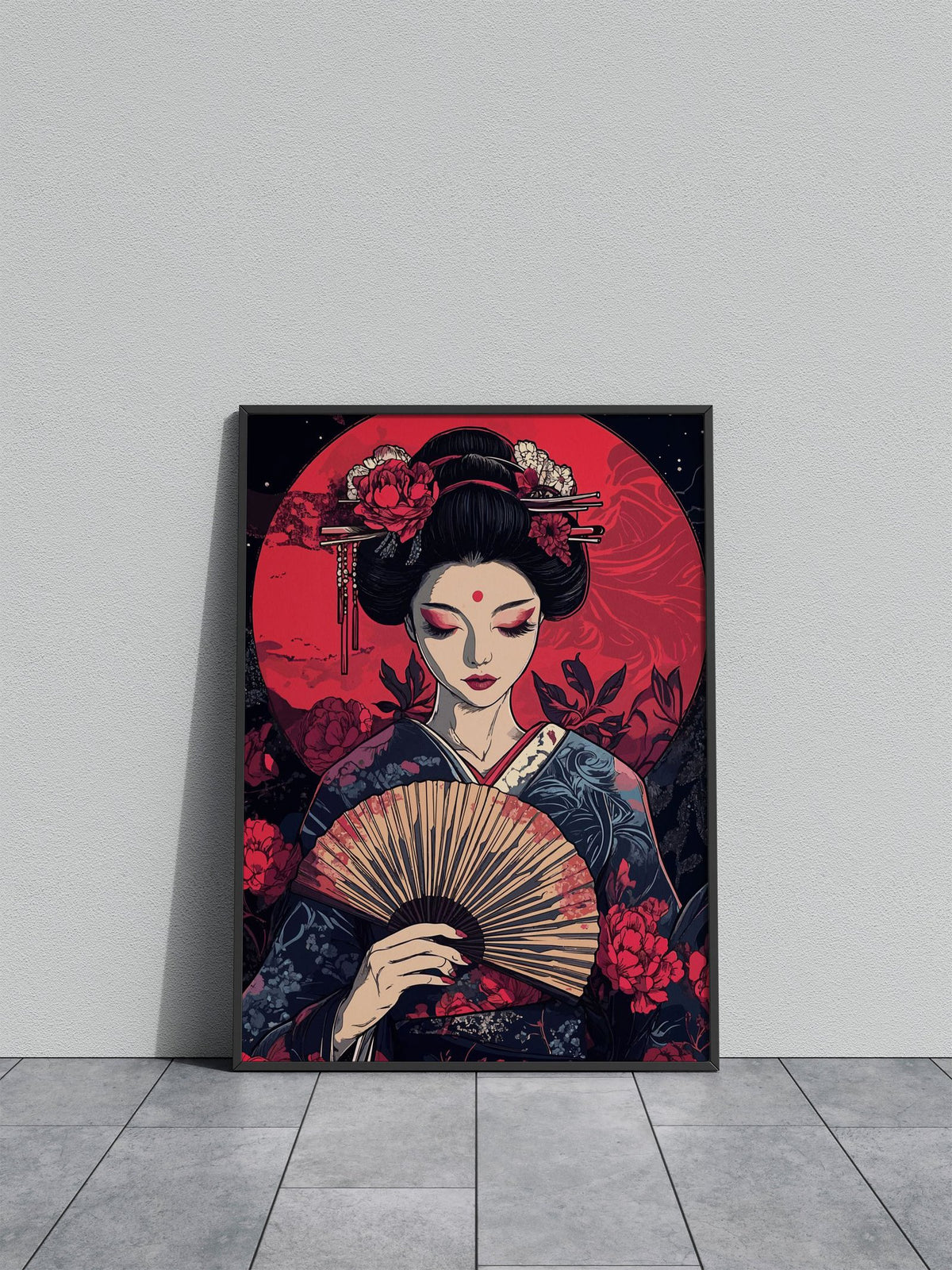 Geisha with Fan and Red Moon Asian Style Poster | Wall Art for Home & Office | High-Quality Print - High-Quality Visual Display