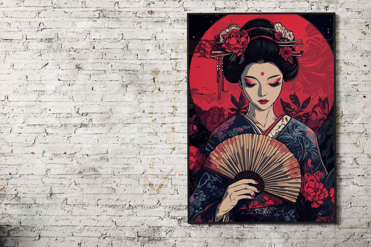 Geisha with Fan and Red Moon Asian Style Poster | Wall Art for Home & Office | High-Quality Print - High-Quality Visual Display