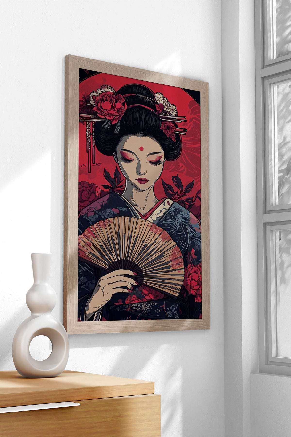 Geisha with Fan and Red Moon Asian Style Poster | Wall Art for Home & Office | High-Quality Print - High-Quality Visual Display