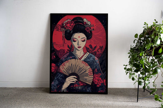 Geisha with Fan and Red Moon Asian Style Poster | Wall Art for Home & Office | High-Quality Print - High-Quality Visual Display