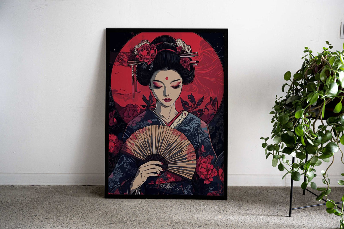 Geisha with Fan and Red Moon Asian Style Poster | Wall Art for Home & Office | High-Quality Print - High-Quality Visual Display