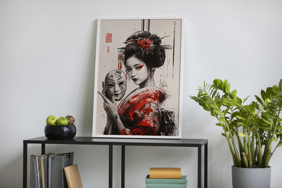 Geisha with Mask Asian Style Poster | Wall Art for Home & Office | High-Quality Print - High-Quality Visual Display