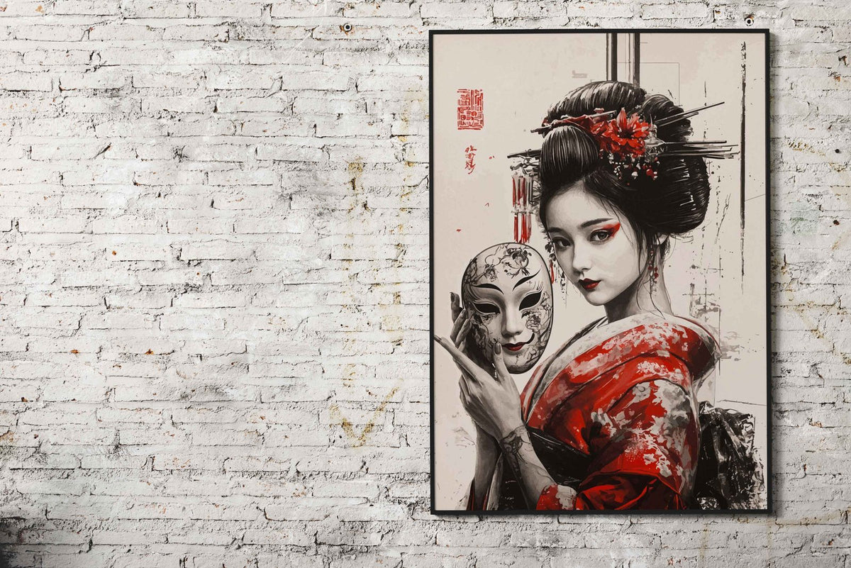 Geisha with Mask Asian Style Poster | Wall Art for Home & Office | High-Quality Print - High-Quality Visual Display