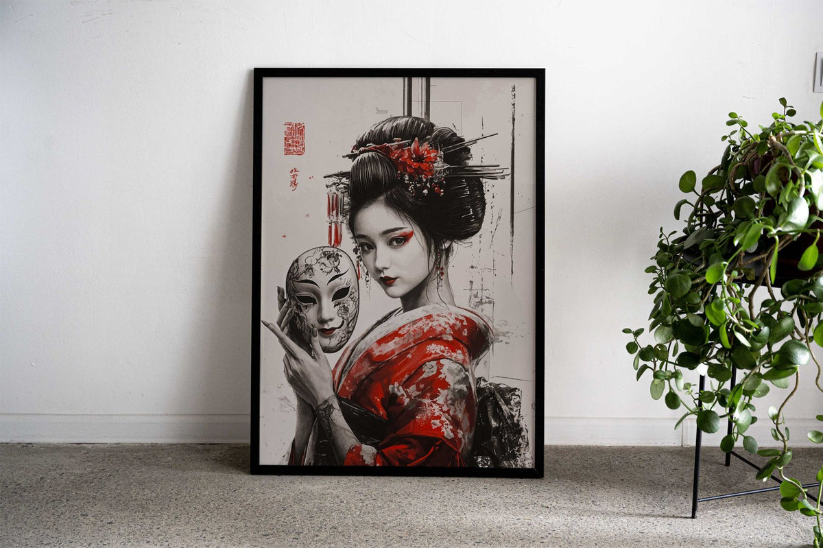 Geisha with Mask Asian Style Poster | Wall Art for Home & Office | High-Quality Print - High-Quality Visual Display