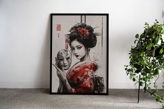Geisha with Mask Asian Style Poster | Wall Art for Home & Office | High-Quality Print - High-Quality Visual Display