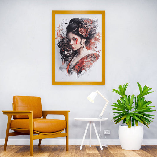 Geisha with Oni Mask Asian Style Poster | Wall Art for Home & Office | High-Quality Print - High-Quality Visual Display
