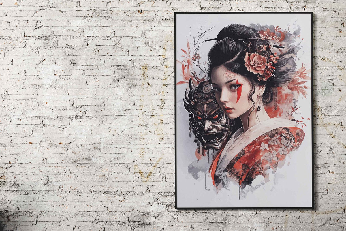 Geisha with Oni Mask Asian Style Poster | Wall Art for Home & Office | High-Quality Print - High-Quality Visual Display