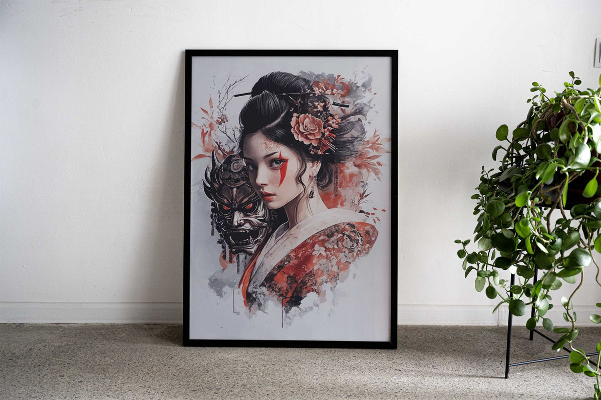 Geisha with Oni Mask Asian Style Poster | Wall Art for Home & Office | High-Quality Print - High-Quality Visual Display