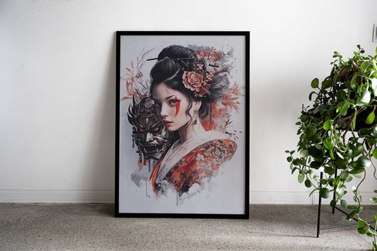 Geisha with Oni Mask Asian Style Poster | Wall Art for Home & Office | High-Quality Print - High-Quality Visual Display