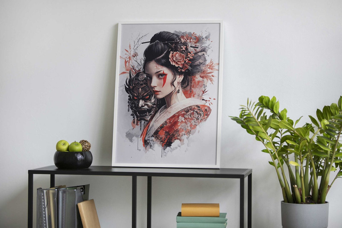 Geisha with Oni Mask Asian Style Poster | Wall Art for Home & Office | High-Quality Print - High-Quality Visual Display