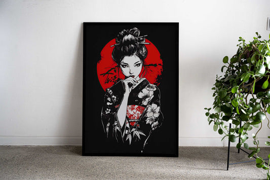 Geisha with Red Moon Asian Style Poster | Wall Art for Home & Office | High-Quality Print - High-Quality Visual Display