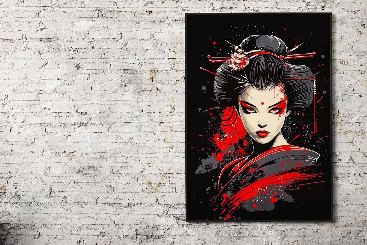Geisha with Red Splashes Asian Style Poster | Wall Art for Home & Office | High-Quality Print - High-Quality Visual Display