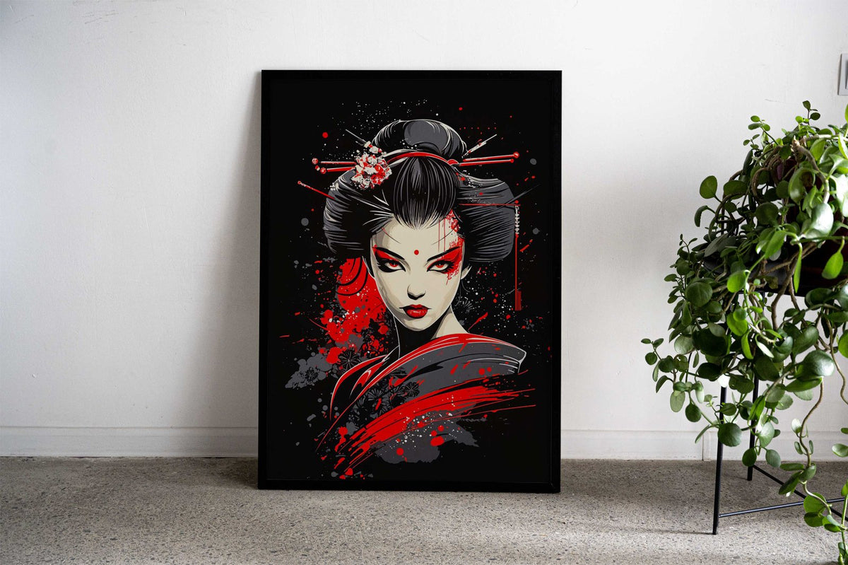 Geisha with Red Splashes Asian Style Poster | Wall Art for Home & Office | High-Quality Print - High-Quality Visual Display
